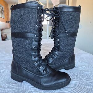 VGUC UGG Elvia Tall Black Grey Boots Leather Wool Size 8 Side Zip Lace